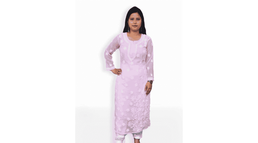 Pink & White Rose Bel Lucknowi Chikankari Casual Georgette Kurti