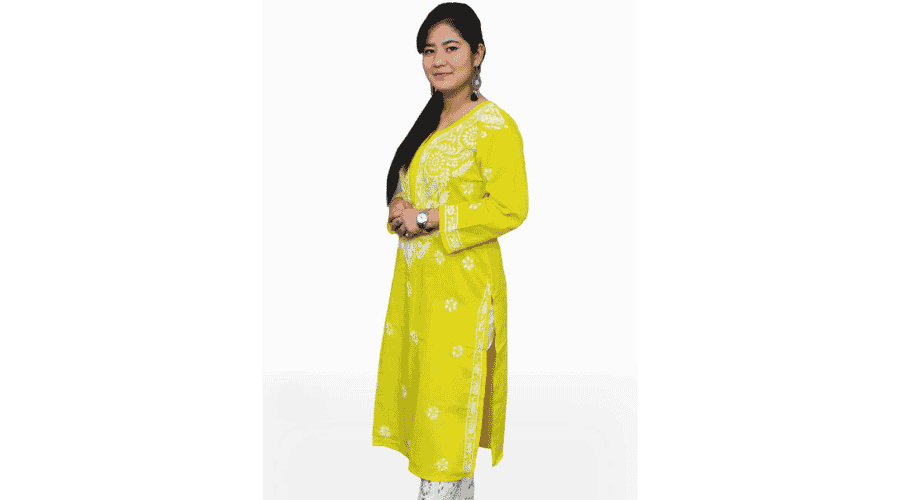 Yellow & White Ghas Patti Lucknowi Chikankari Casual Cotton Kurti